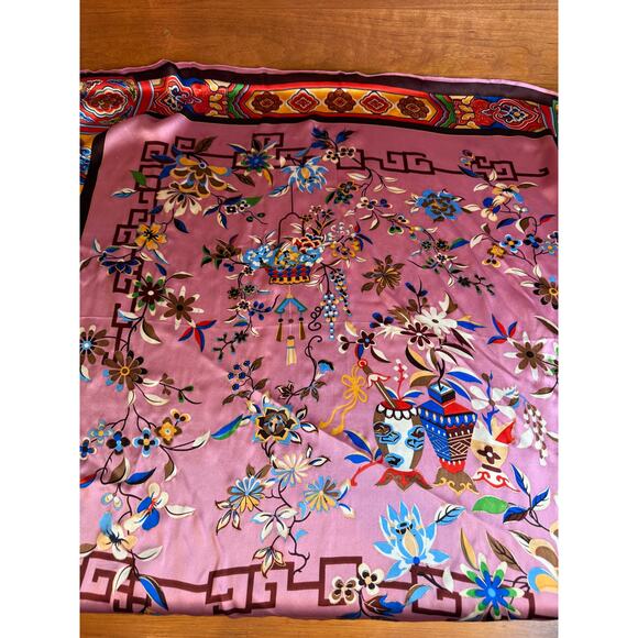 Colorful Asian Print Silk Scarf Urn Flowers Birds - Picture 1 of 8
